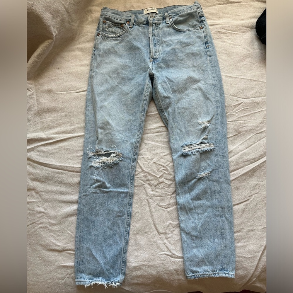 Agolde Light Blue Straight Leg Jeans with Distressed Details